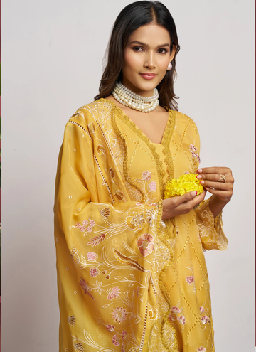 Organza Thread Embroidery Yellow Straight Suit For Haldi Function